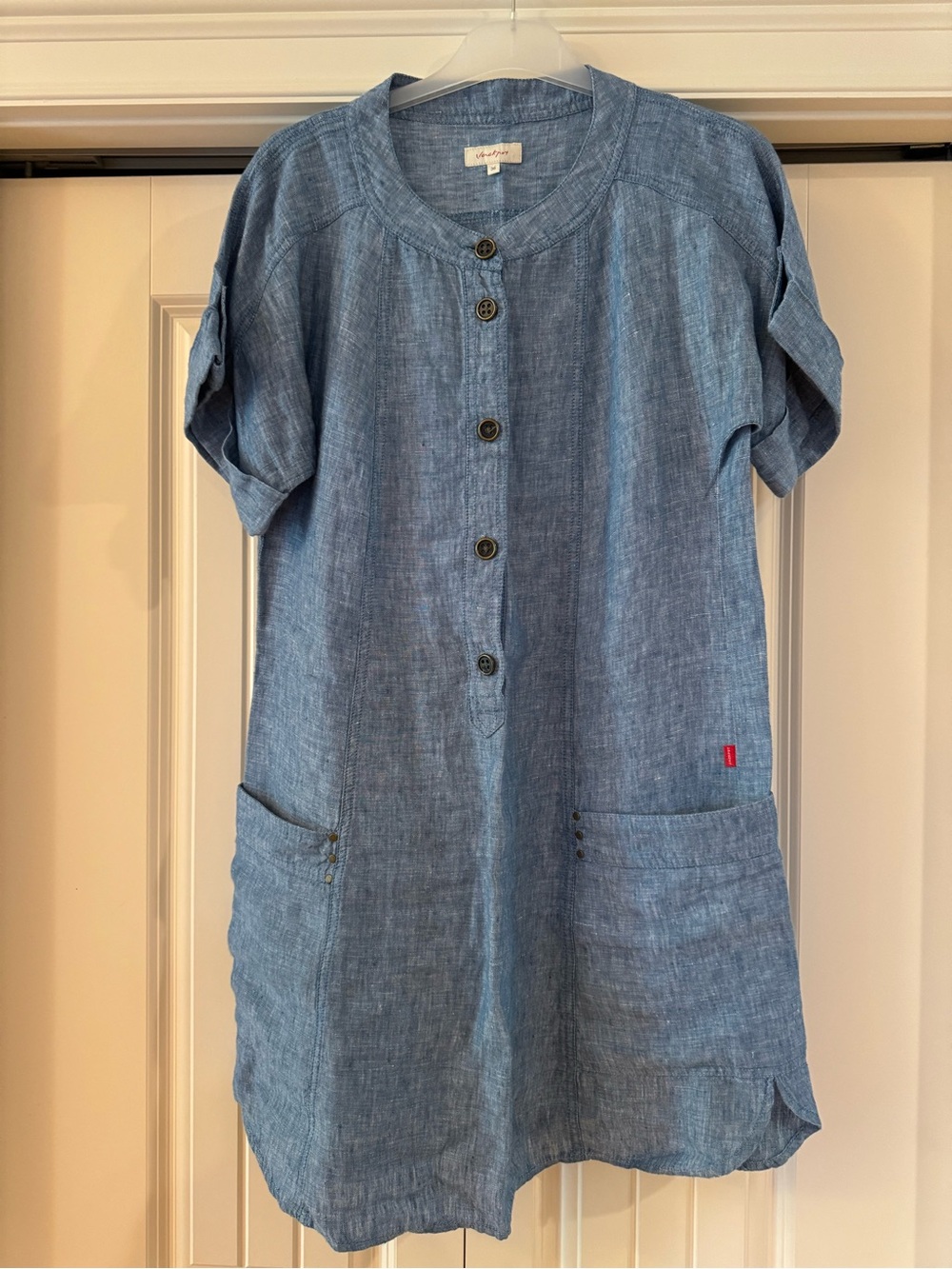 100% LINEN❤️Light Blue Girls' Chambray Button-Front Dress